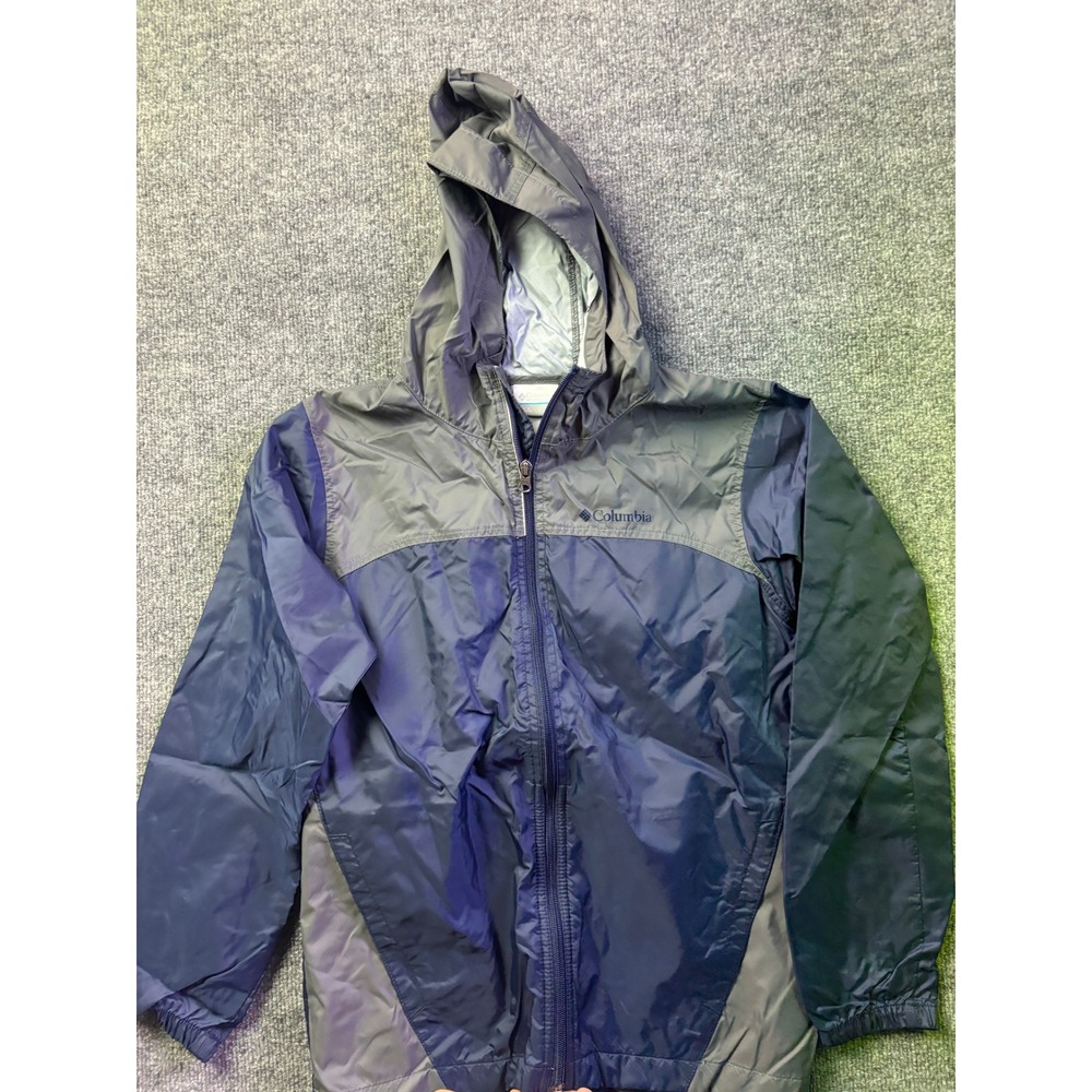 Columbia‎ Windbreaker Jacket Youth Large 14/16 Navy Grey Full Zip Hooded RB3416